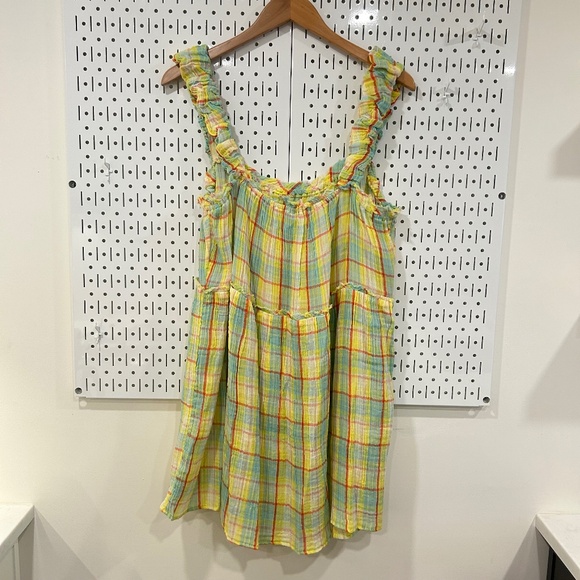 Anthropologie Yellow & Blue Plaid Ruffle Mini Dress - Large - Runs Big! - Picture 4 of 9